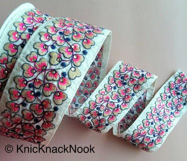 Beige Fabric Trim With Green / Orange / Fuchsia Pink Floral Embroidery, 58mm wide - 200317L454 / 55 / 56